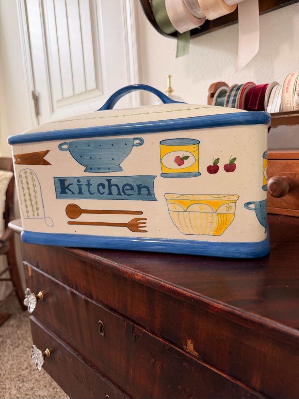 Decorative Blue and Cream Kitchen Bread Box - Vintage Style